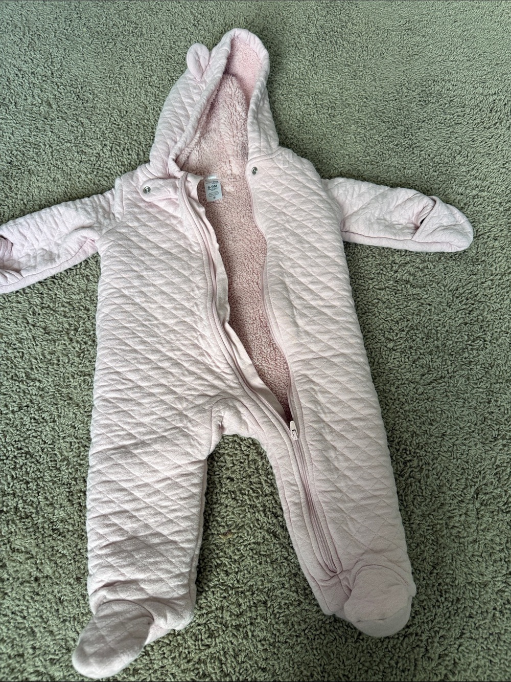 Simple Quilted Hooded Baby One-Piece in Pale Pink